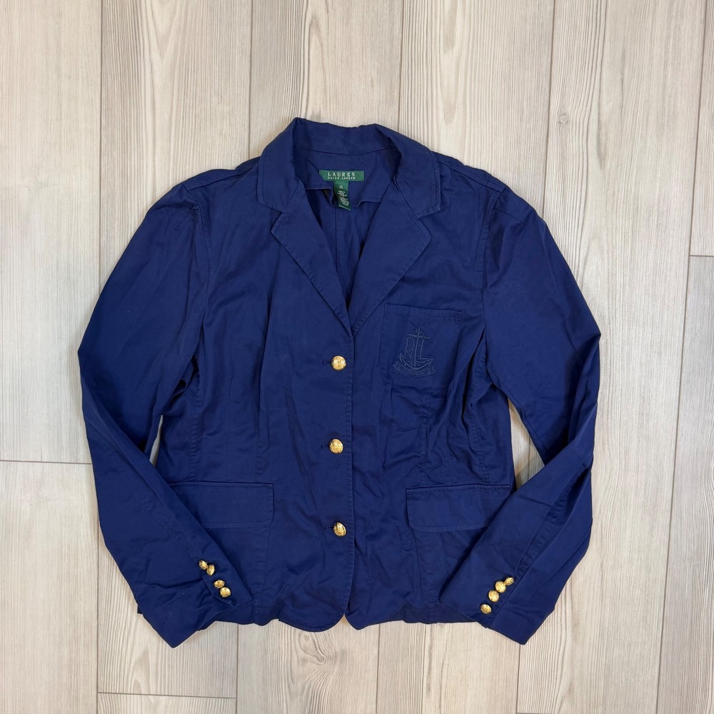 Lauren Ralph Lauren Navy Blue Cotton Crest Blazer Gold Buttons XL 200115905